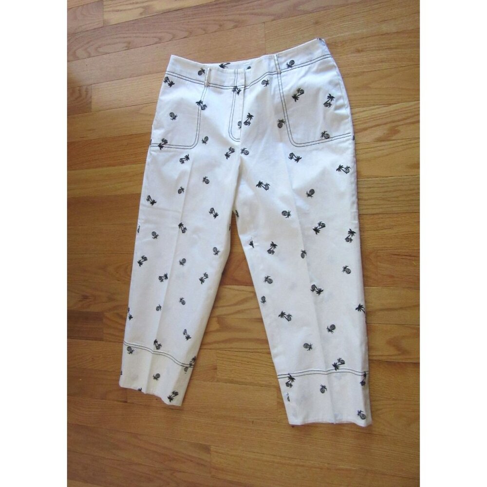 Island Republic White Capri Pants w Black Pineapple & Palm Tree Size 12